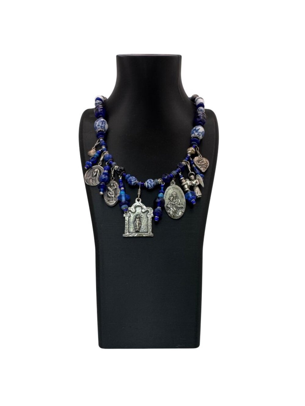 Blue Glass & Religious Medal Charm Necklace Catholic Italy 22" Immaculate Heart